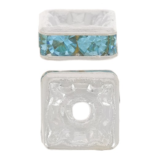 Perle rondelle Strass carrée 6 mm - Argenté - Aquamarine x1