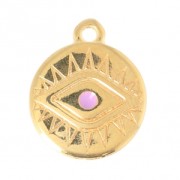 Breloque médaille oeil porte-bonheur résine époxy 16 mm doré/mauve|raw }}