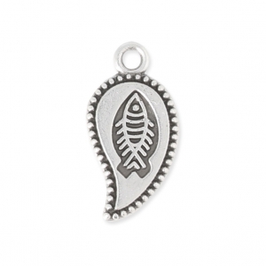 Breloque feuille avec motif poisson 9x15 mm Placage Argent fin vieilli