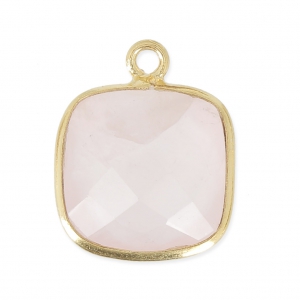 Pendentif carré pierre facettée 11 mm serti Argent 925 Plaqué Or/ Quartz rose x1