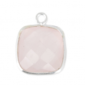 Pendentif carré pierre facettée 11 mm serti Argent 925 / Quartz rose x1