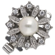 Fermoir à clipser rond avec perle nacrée & strass 14.5 mm - White bronze x1