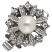 Fermoir à clipser rond avec perle nacrée & strass 14.5 mm - White bronze x1
