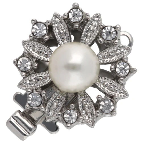 Fermoir à clipser rond avec perle nacrée & strass 14.5 mm - White bronze x1
