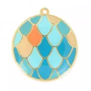 Pendentif écailles résine époxy 31 mm Bleu canard/Aqua/Doré à l'or fin x1