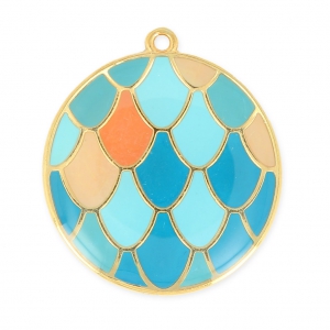 Pendentif écailles résine époxy 31 mm Bleu canard/Aqua/Doré à l'or fin x1