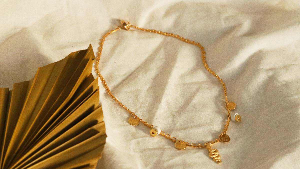 Schéma Tour de cou Rose doré à l'or fin serpent, sequins et heishi