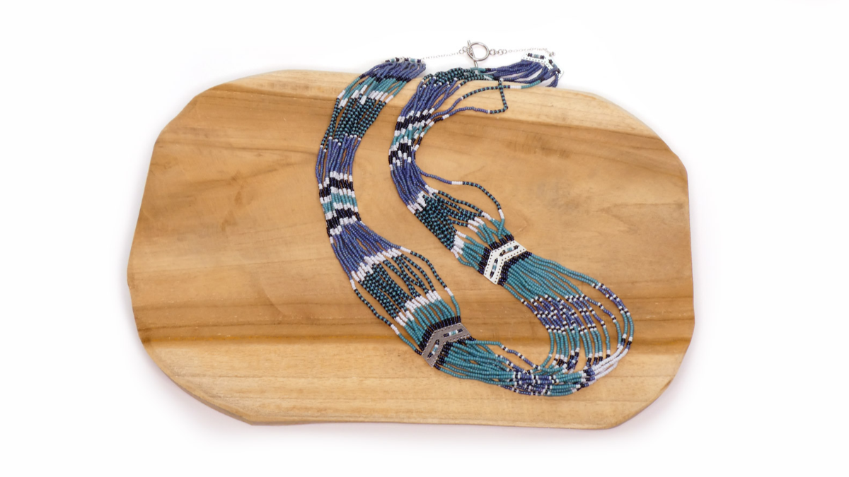 Collier long multirangs avec perles de rocailles miyuki bleu et turquoise