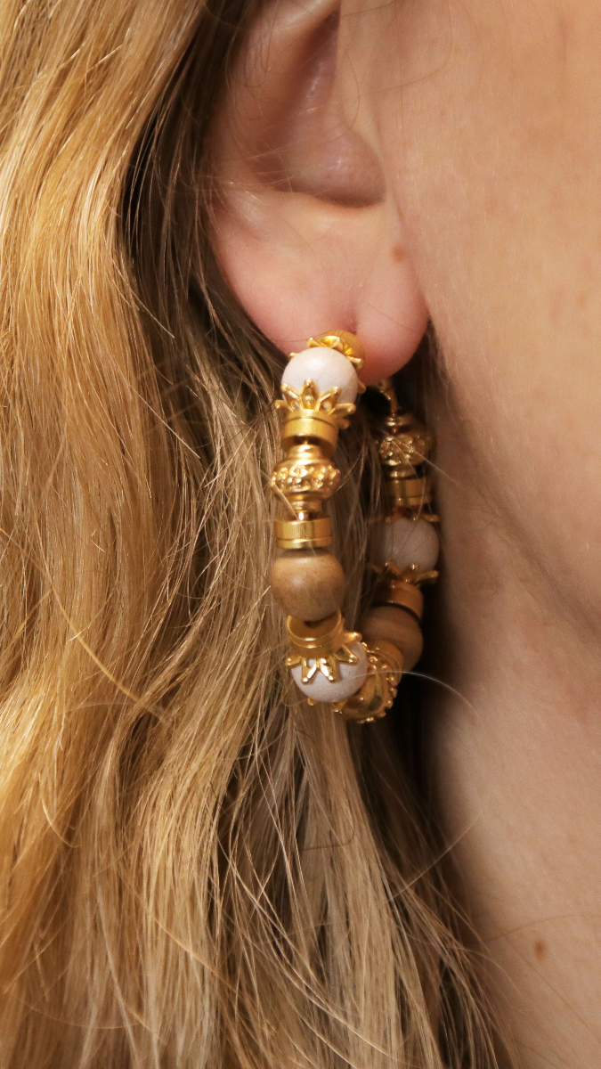 Schéma Boucles d'oreilles créoles ouvertes avec perles en bois et perles dorées