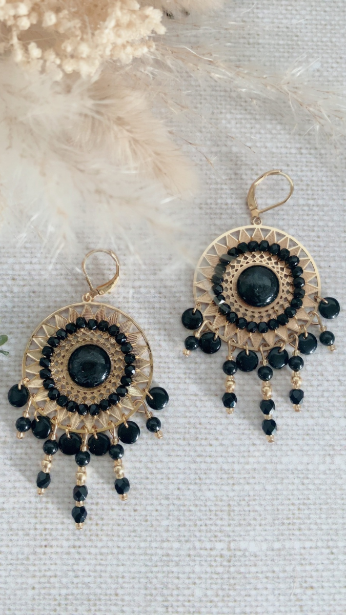 Schéma Boucles d'oreilles Pia en tissage de perles noires et dorées Schéma Boucles d'oreilles Pia en tissage de perles noires et dorées