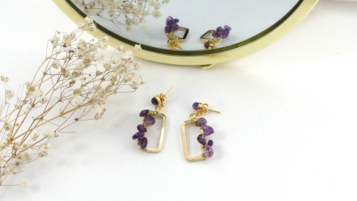 Boucles D'oreilles Pendantes Améthystes Et Fil De Cuivre - Neuves Avec étiquettes