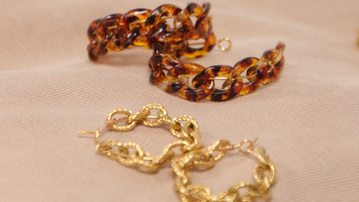 Boucles d'oreilles créoles grosses mailles acier inoxydable doré et acrylique