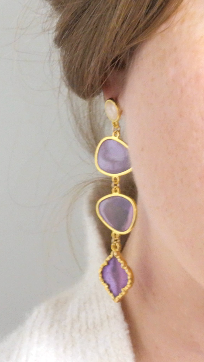 Schéma Boucles d'oreilles pendantes violettes résine époxy effet vitrail Schéma Boucles d'oreilles pendantes violettes résine époxy effet vitrail