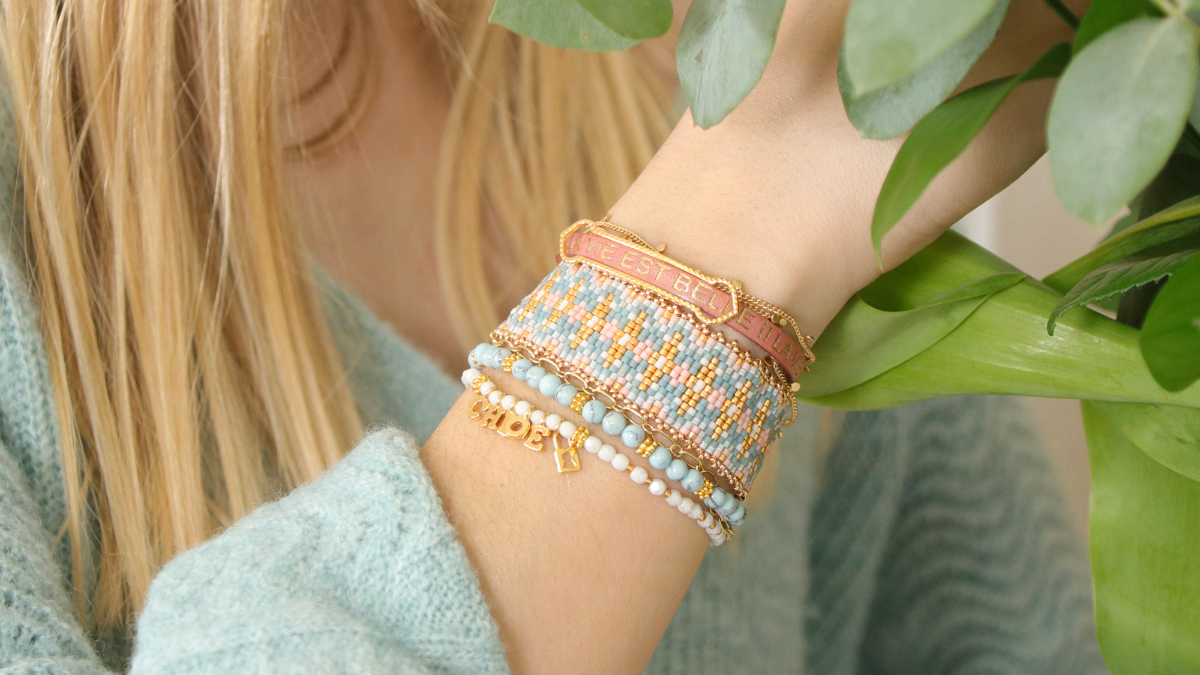 Bracelet 2 Rangs En Plaqué Or 18 Carats – Perles De Miyuki Et Pierre Semi-précieuse – Neuf Avec étiquettes