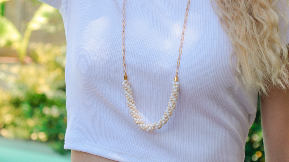 Schéma DIY Sautoir chaîne et perles technique kumihimo torsadé