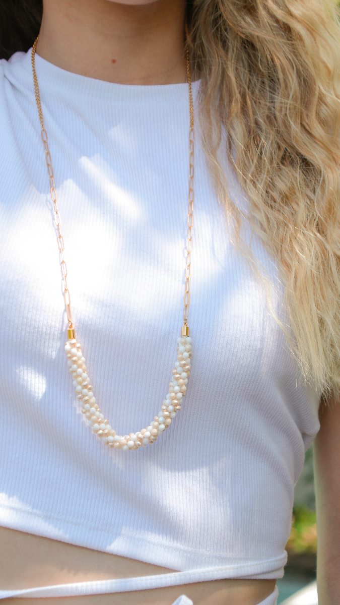 Schéma DIY Sautoir chaîne et perles technique kumihimo torsadé