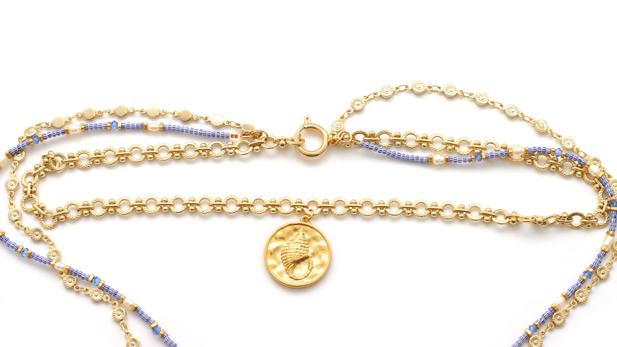 Tuto Collier Multirangs avec perles de rocailles rayées bleues et chaînes fantaisie : Etape 7 Tuto Collier Multirangs avec perles de rocailles rayées bleues et chaînes fantaisie : Etape 7