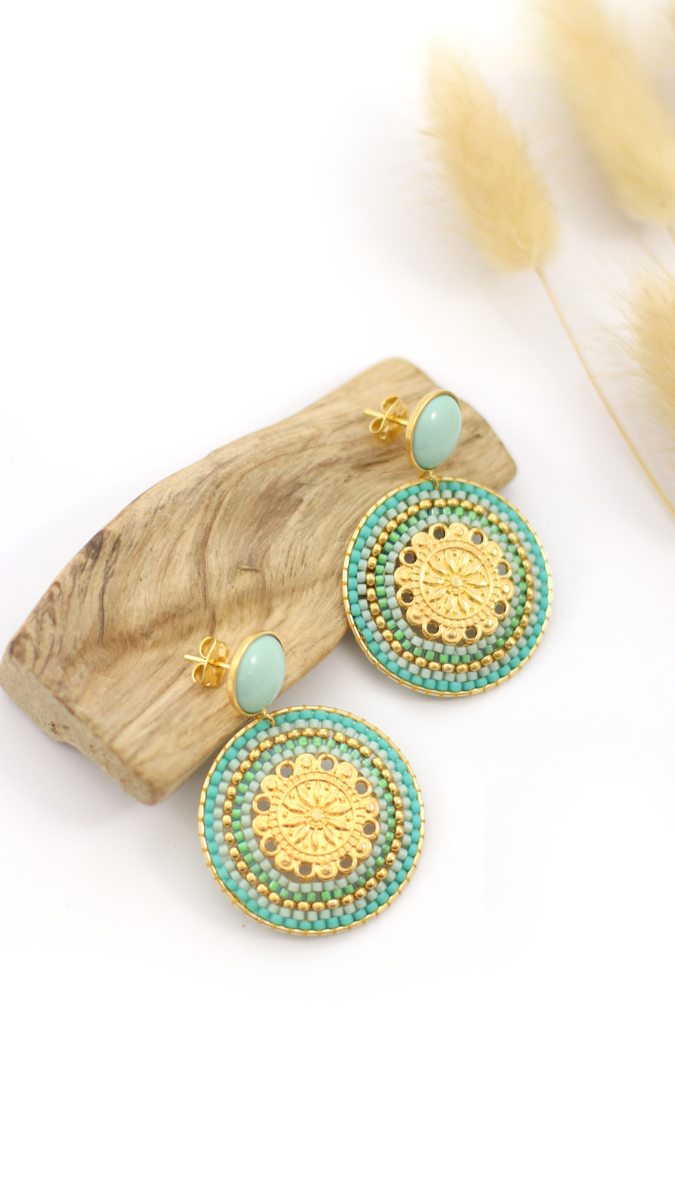 Schéma Boucles d'oreilles rondes en perles de rocailles turquoise tissage Brick Stitch