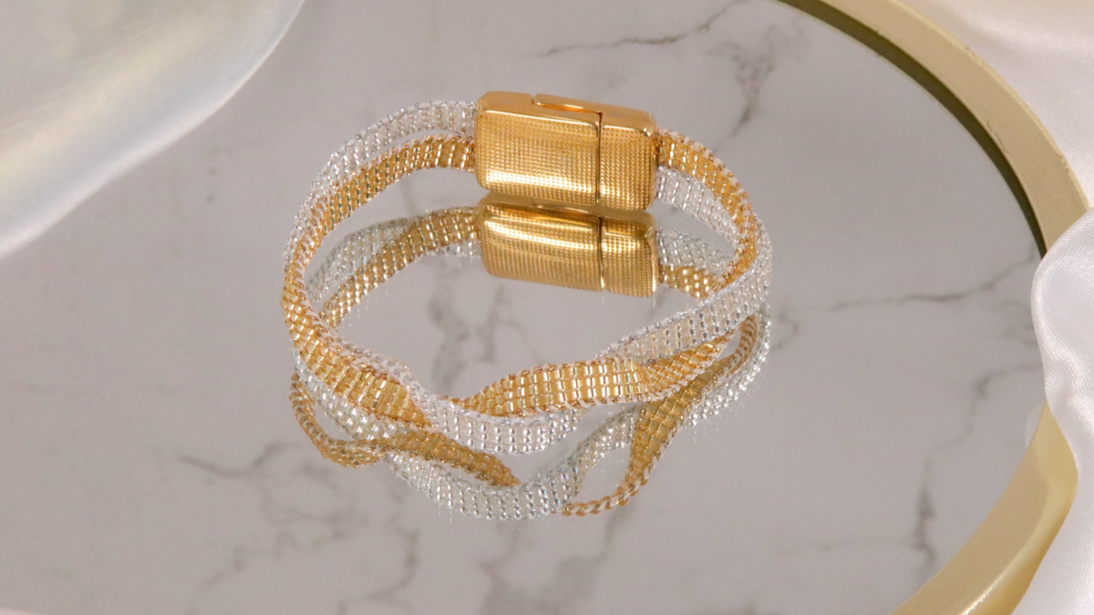 Bracelet manchette doré, effet martelé texturé, en acier inoxydable, m