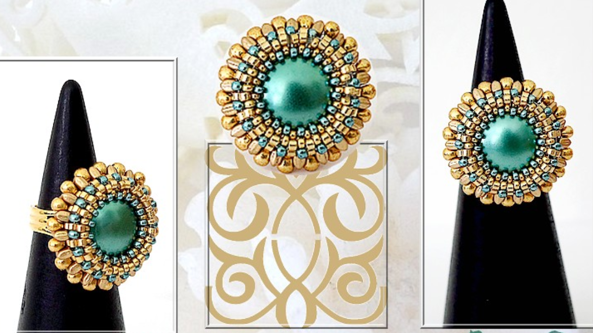 Schéma Bague Sally par Puca avec cabochons et rocailles Miyuki argenté et bleu Schéma Bague Sally par Puca avec cabochons et rocailles Miyuki argenté et bleu