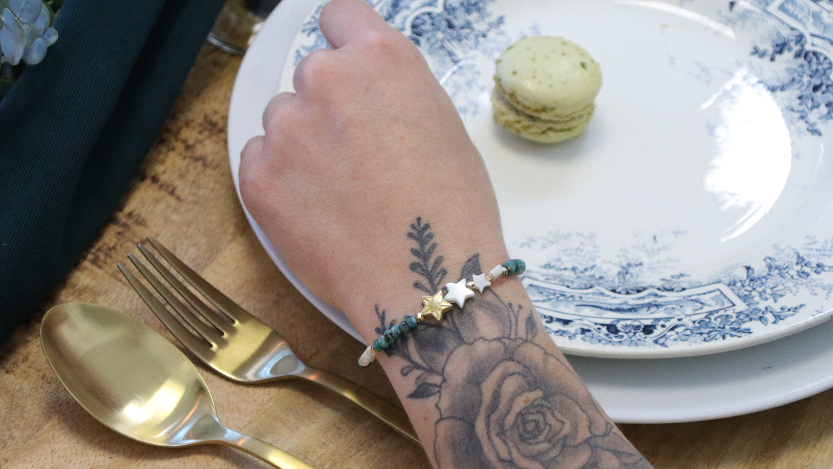 Schéma DIY Bracelet perles nacre étoile doré et vert turquoise Schéma DIY Bracelet perles nacre étoile doré et vert turquoise