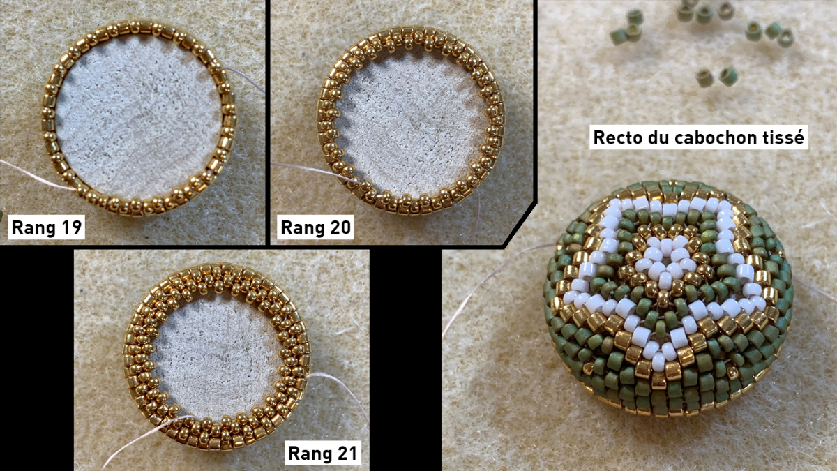 Boucles d'oreilles en tissage peyote circulaire 3D sur cabochons bois et estampes : Etape 11