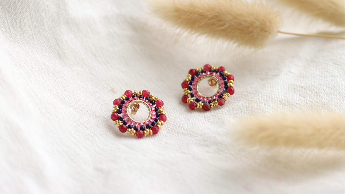 Parure Bijoux Perles Miyuki Rouge Et Argent : Collier + Boucles D'oreilles