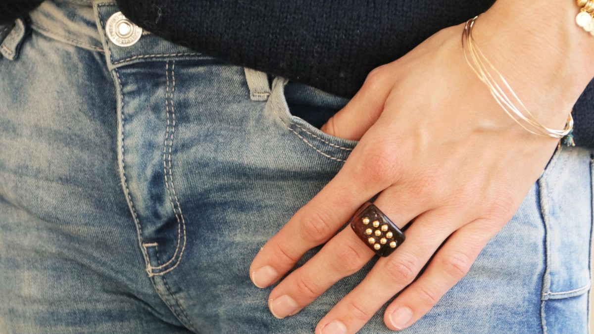 Grande Bague Cocktail Or - Perles Noires Onyx - Taille 56 - Occasion Impeccable