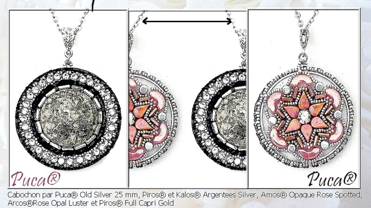 Tuto Pendentif Recto Verso avec cabochons et perles en verre Piros, Arcos, Kalos et Amos par Puca