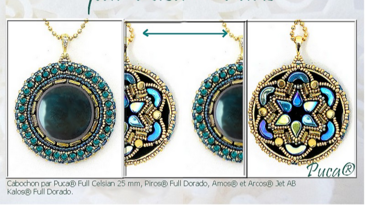Schéma Tuto Pendentif Recto Verso avec cabochons et perles en verre Piros, Arcos, Kalos et Amos par Puca