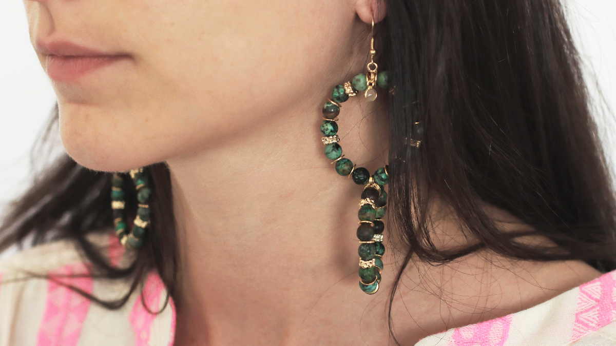 Boucles d'oreilles pendantes double anneau avec Turquoise Africaine Boucles d'oreilles pendantes double anneau avec Turquoise Africaine