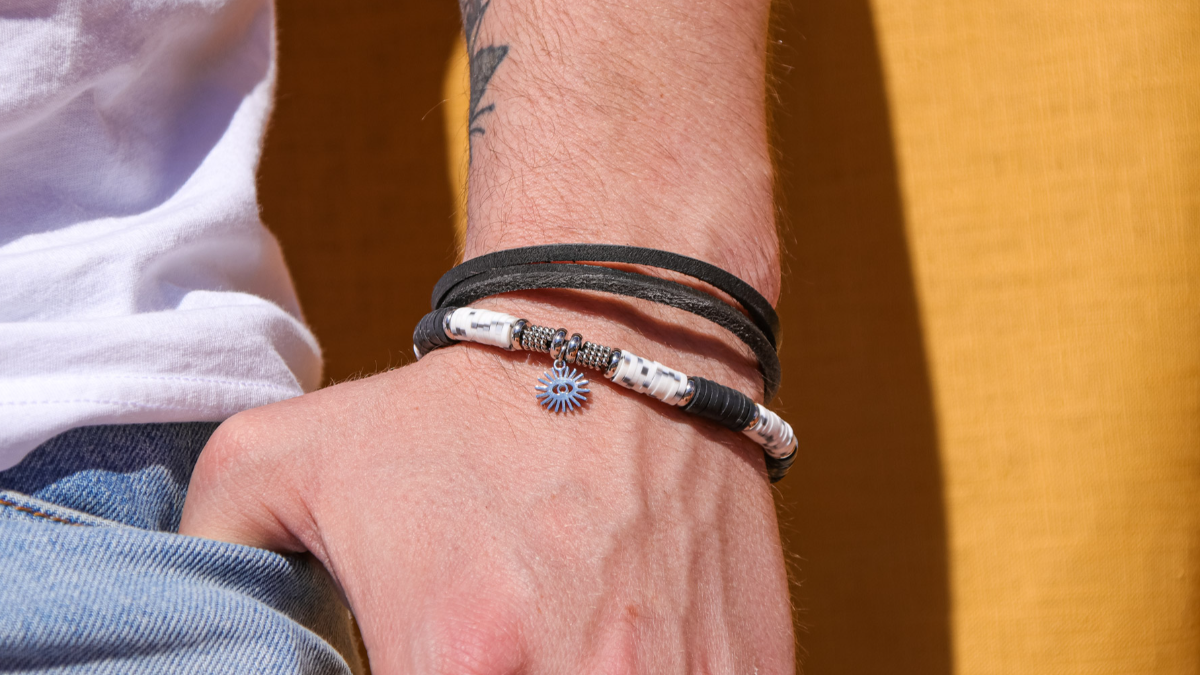 Duo de Bracelets homme acier inox, cordon cuir et perles heishi