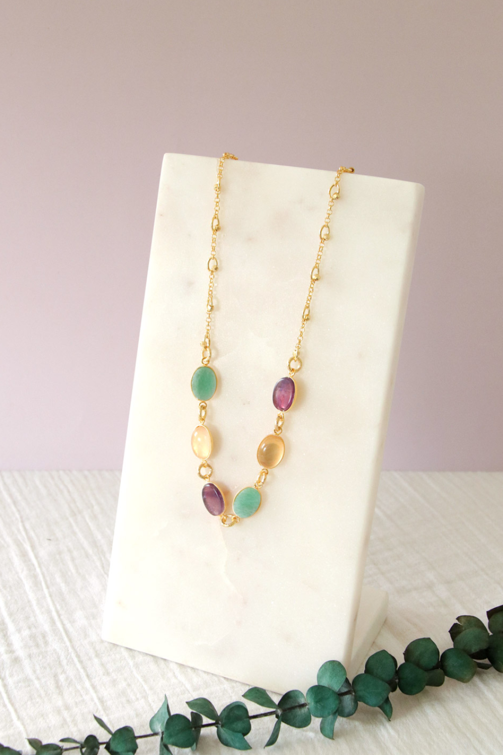 Collier Pierres Gemmes en Améthyste Amazonite et Quartz Rose