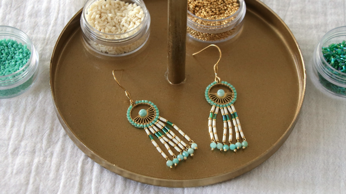 Schéma Boucles d'oreilles perles Miyuki Delica et Bugles Turquoise