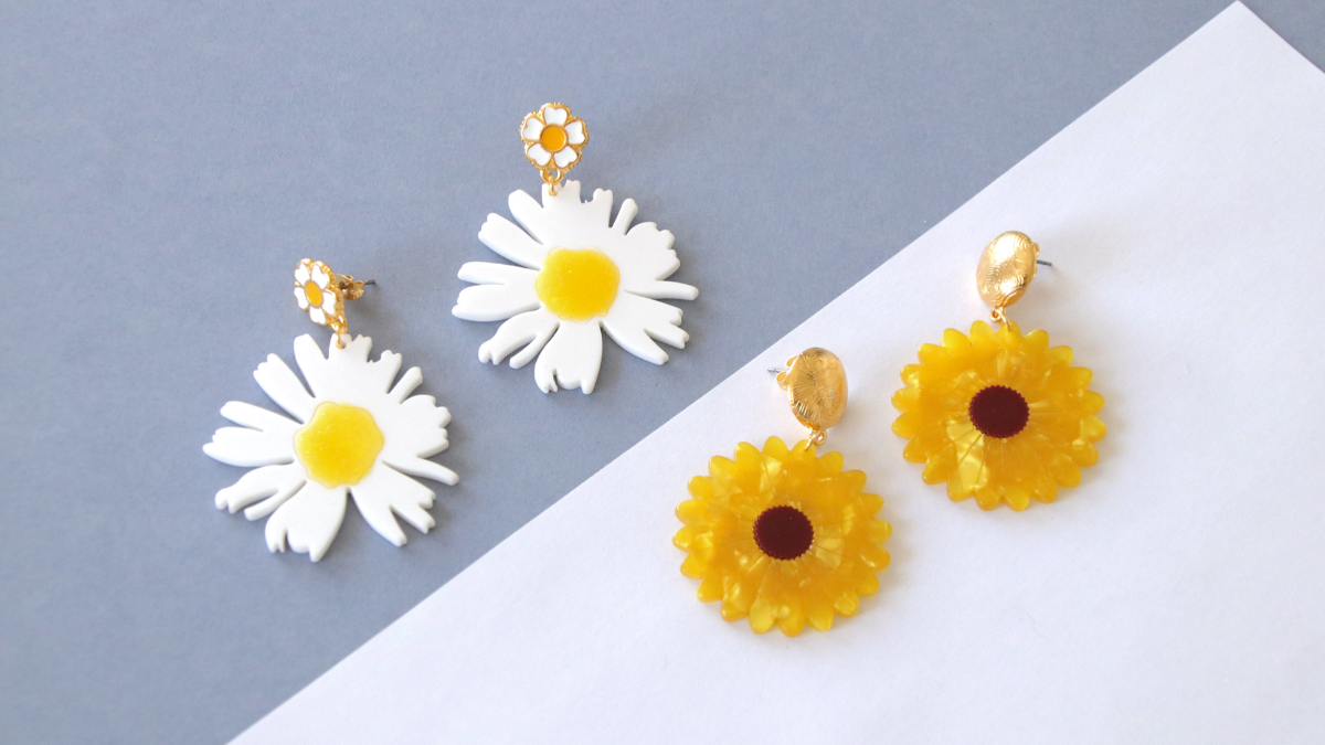 Schéma Boucles d'oreilles Tournesol et Marguerite en acétate Schéma Boucles d'oreilles Tournesol et Marguerite en acétate