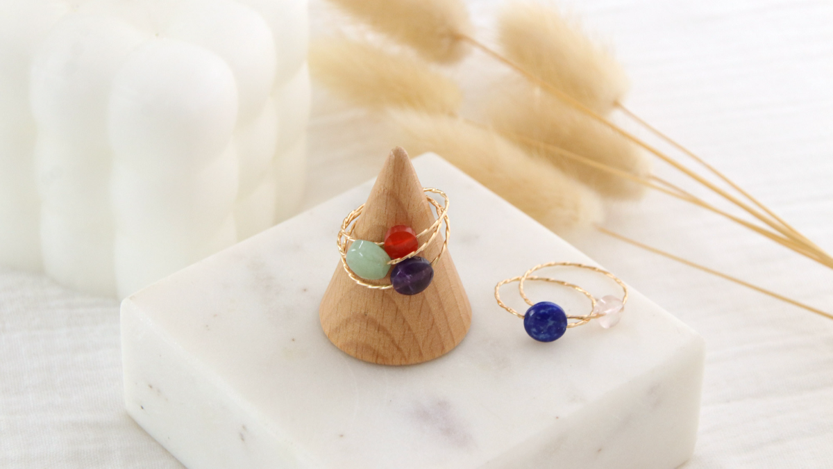 Bague Fait Main Dorée à L'or Fin - Pierre Naturelle Blue Sand (aventurine), Taille Ajustable