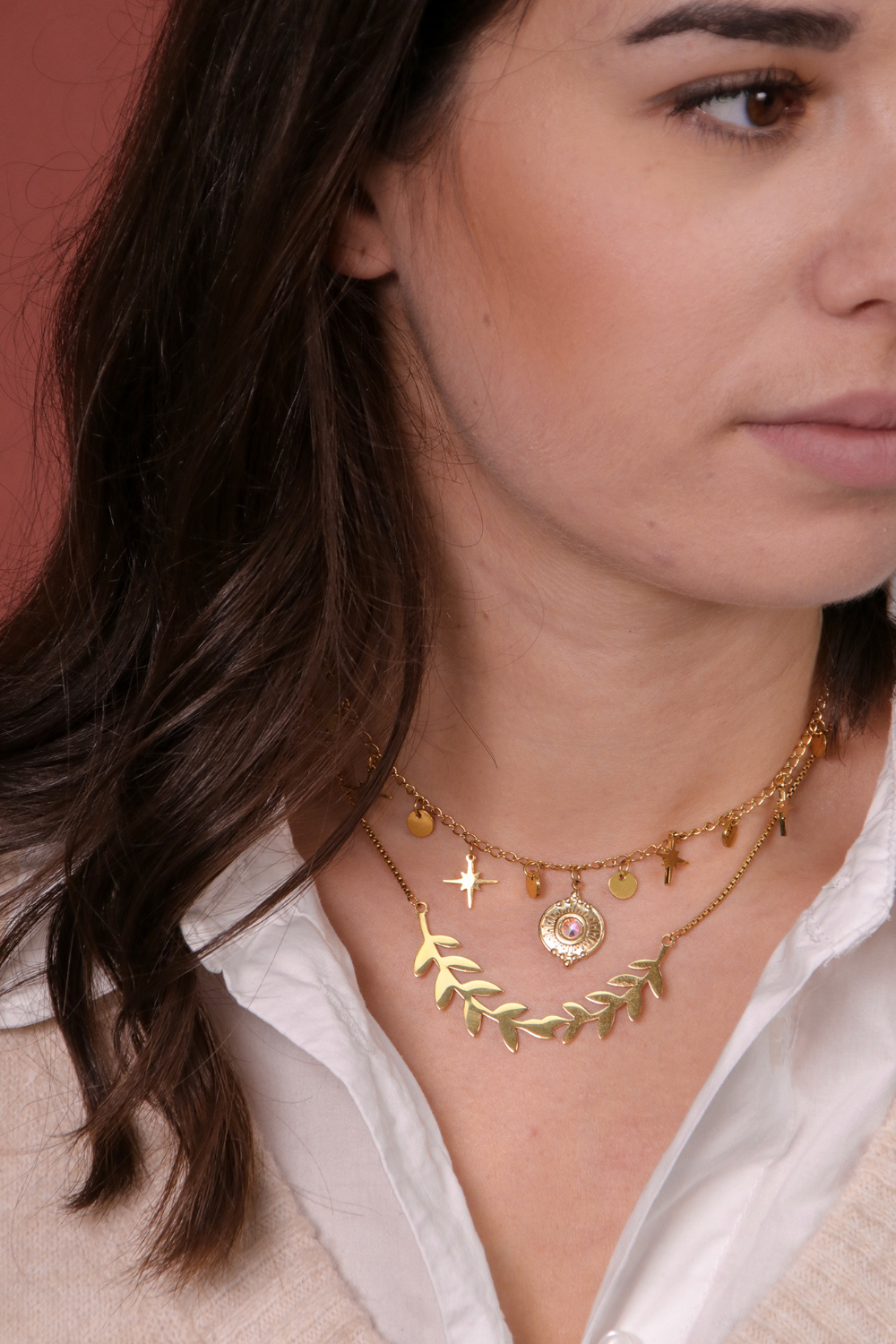 Schéma Deux Colliers en acier inox doré pendentif branche Schéma Deux Colliers en acier inox doré pendentif branche