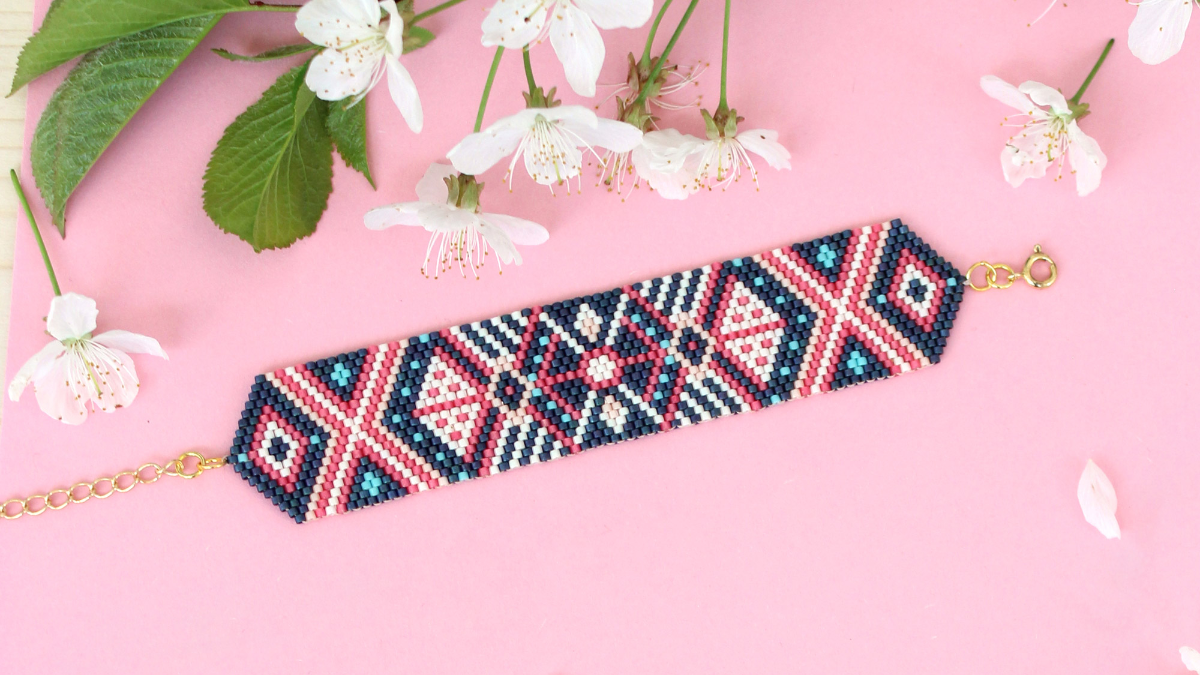 Schéma Bracelet perles Miyuki bleu foncé et rose en Peyote Impair Schéma Bracelet perles Miyuki bleu foncé et rose en Peyote Impair