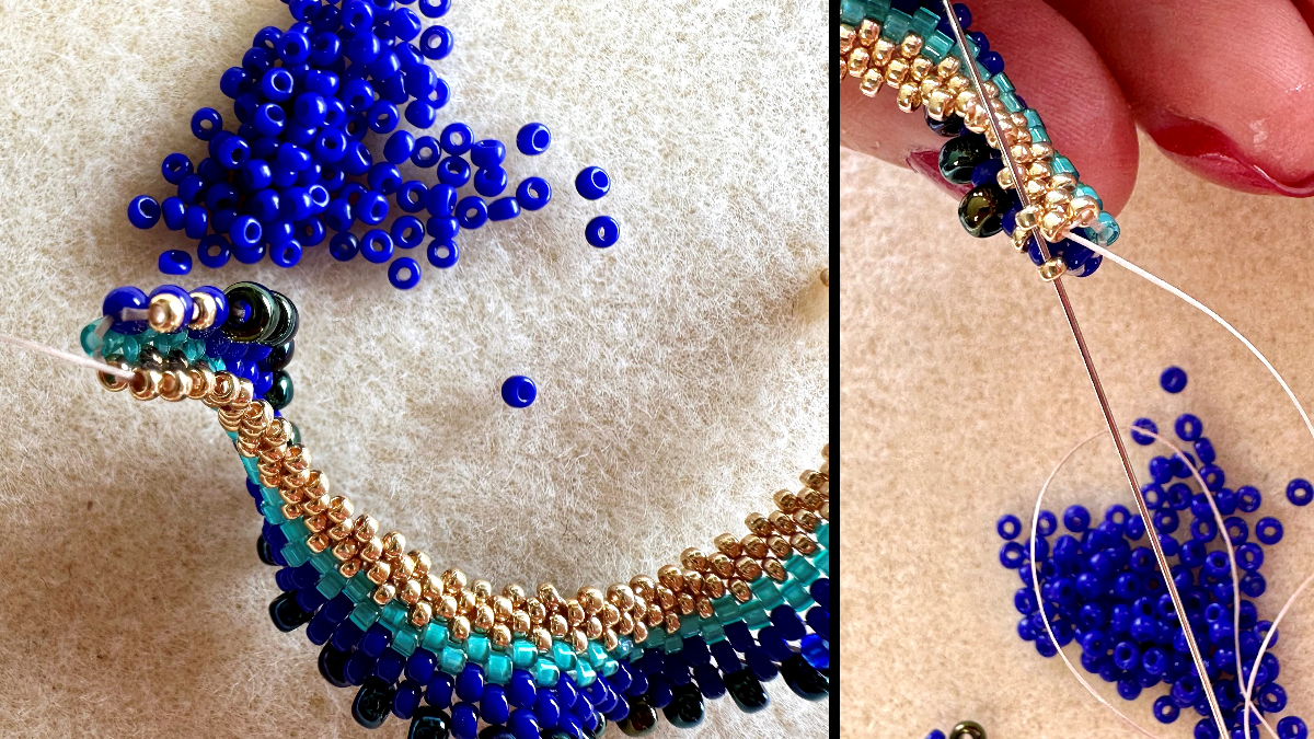 Boucles d'oreilles pendantes en tissage peyote Cellini plat effet spirale : Etape 8 Boucles d'oreilles pendantes en tissage peyote Cellini plat effet spirale : Etape 8