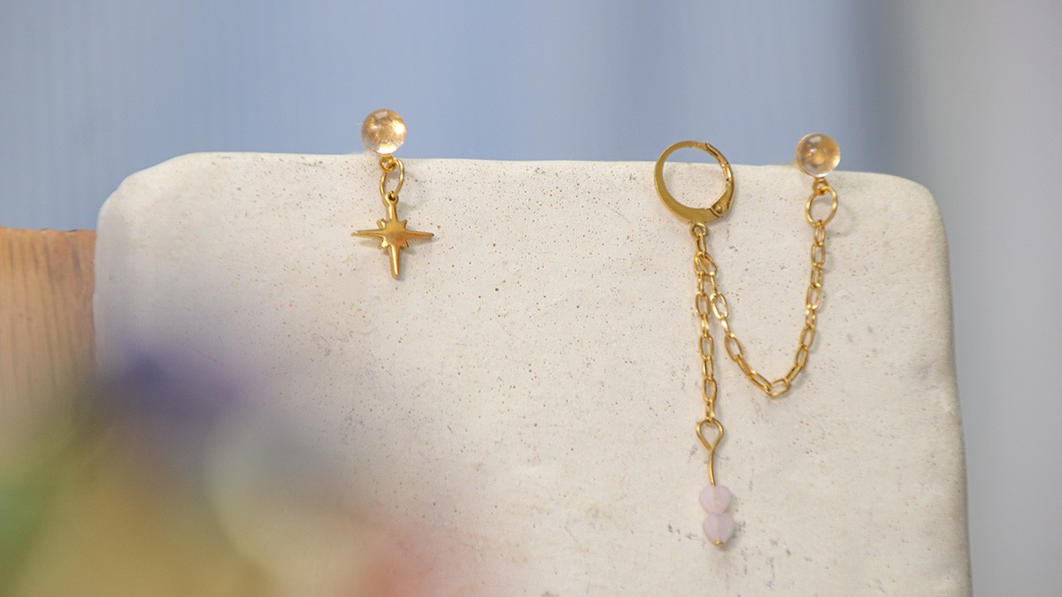 Schéma Tuto facile, boucle d’oreilles dépareillées en pierre gemme quartz