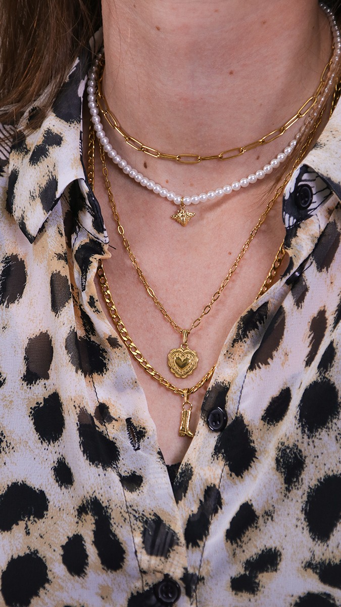 Schéma Collier multirangs avec chaînes et perles nacrées