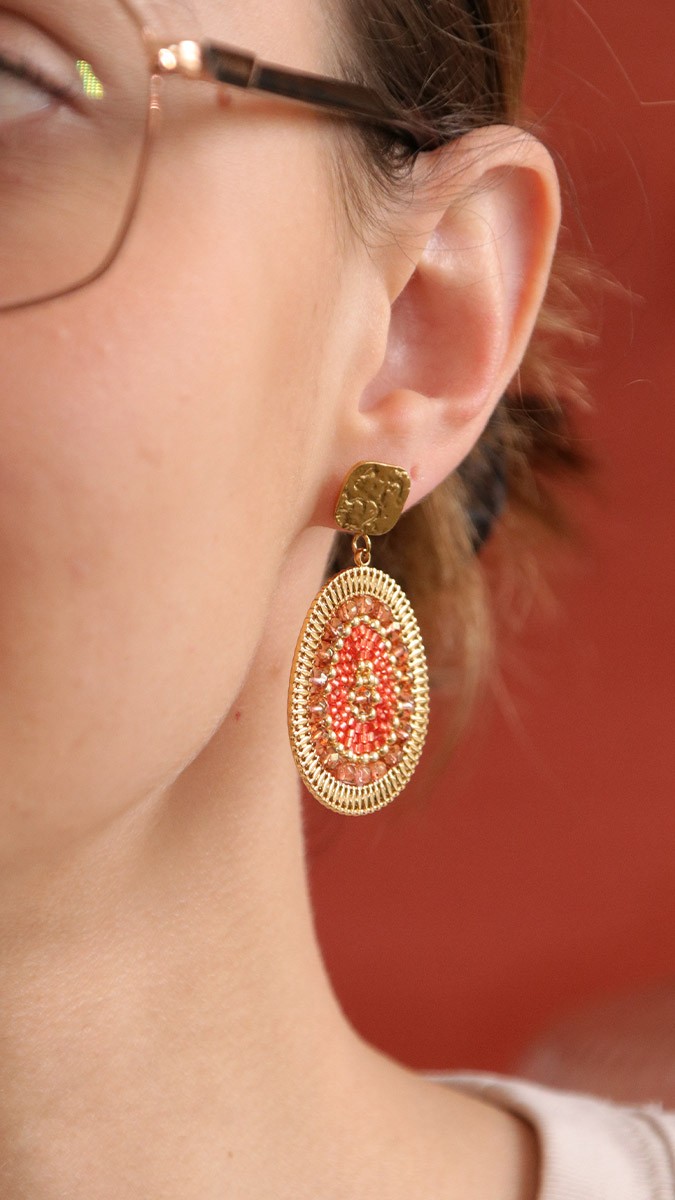Boucles d'oreilles Miyuki orange et perles à facette effet tissage Géode