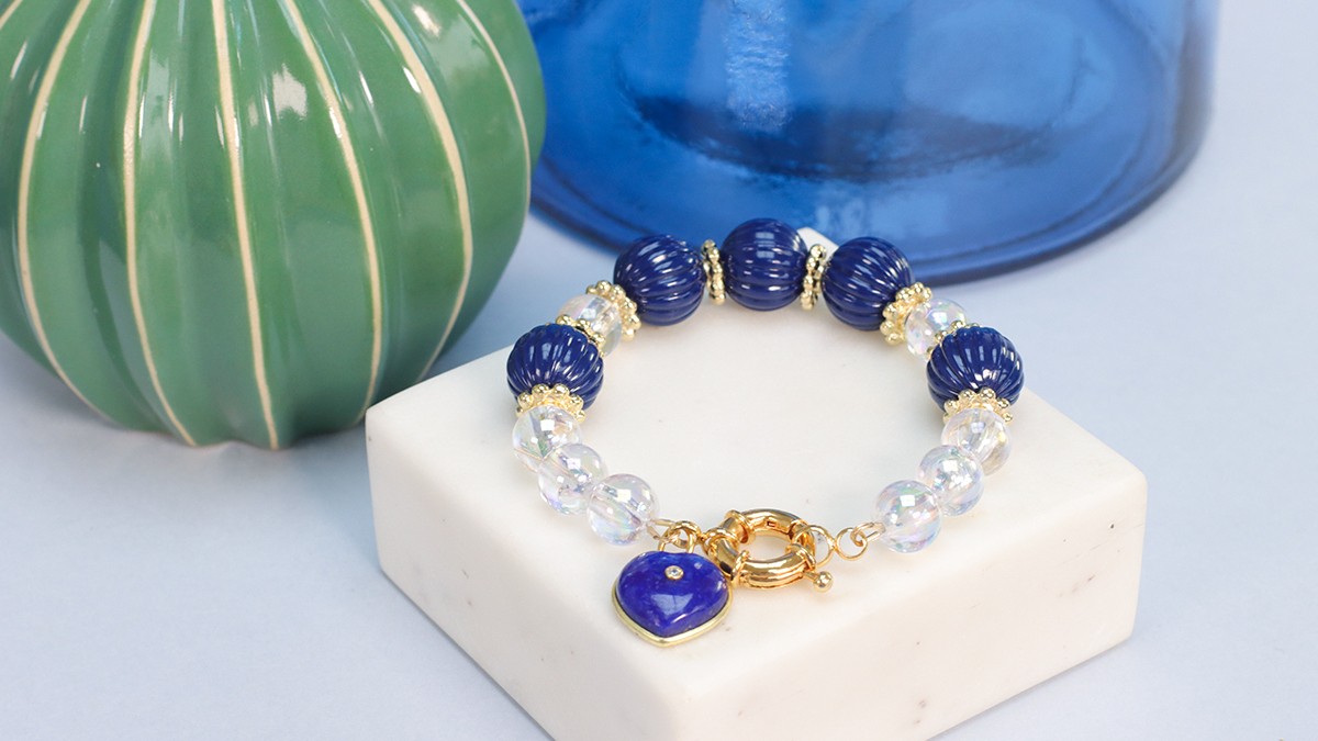 Bracelet à grosses perles rondes transparentes et striées