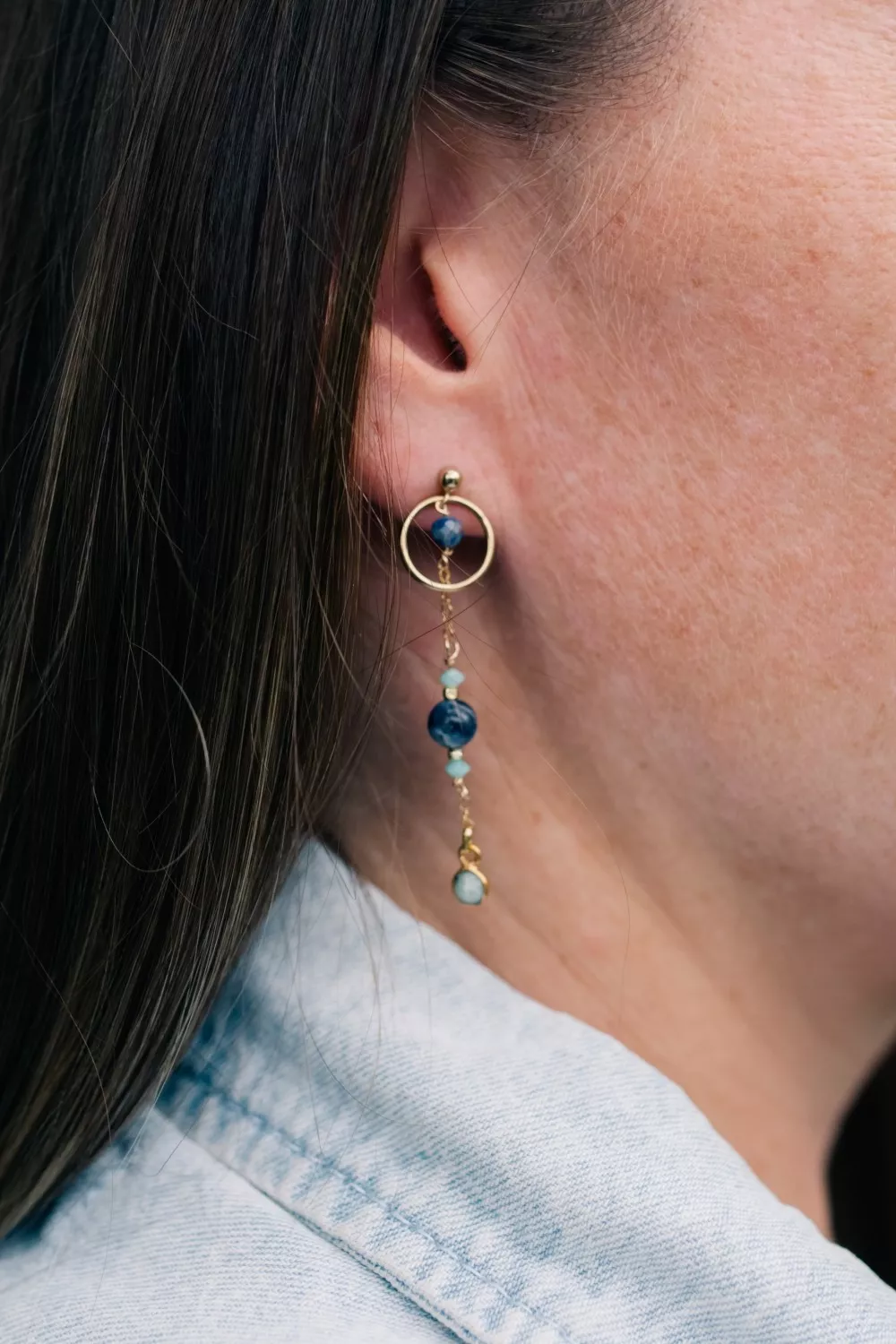 Boucles d'oreilles pendantes en Sodalite et Amazonite