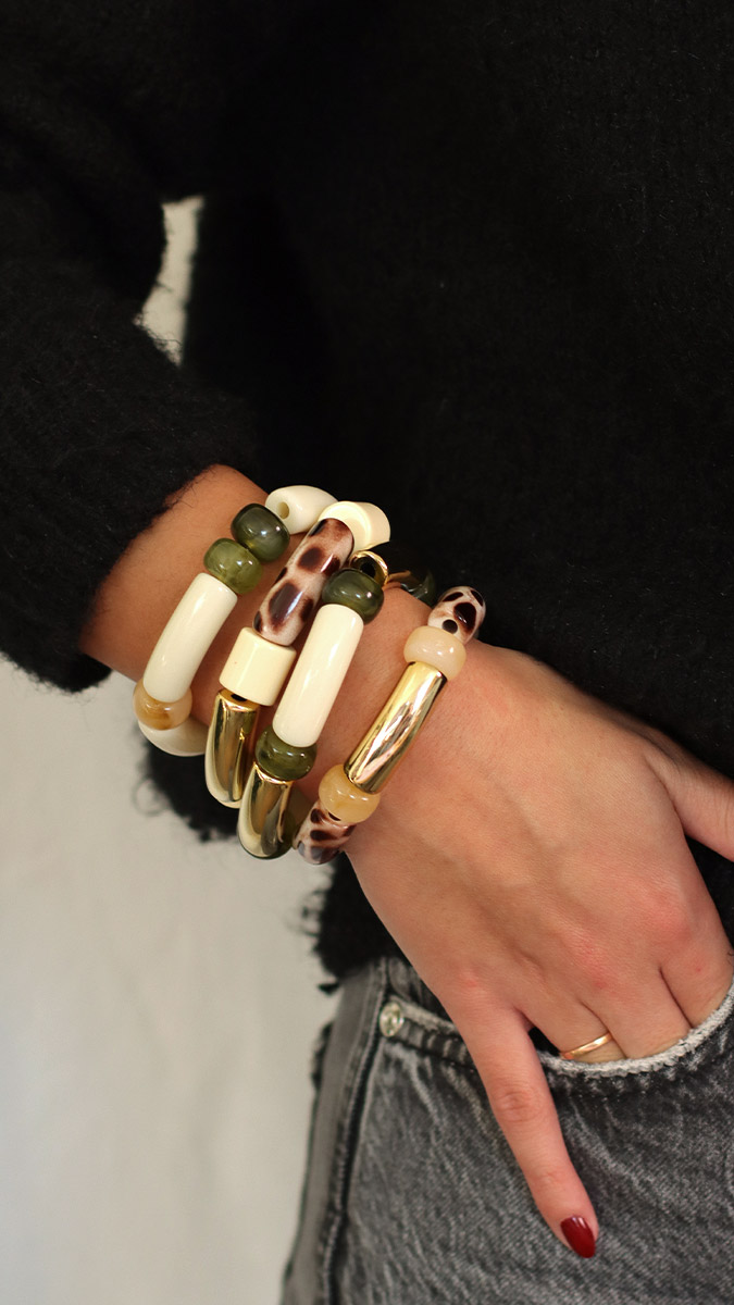 Schéma Bracelets perles tubes incurvées léopard et kaki Schéma Bracelets perles tubes incurvées léopard et kaki