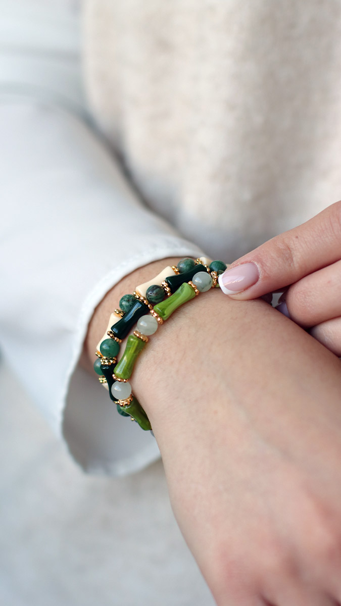Bracelets élastiques perles tubes verts