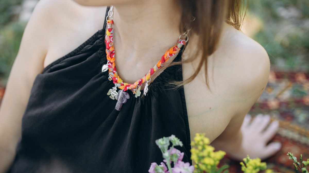 Schéma Collier tressé avec palmier en Améthyste et breloque argent 925