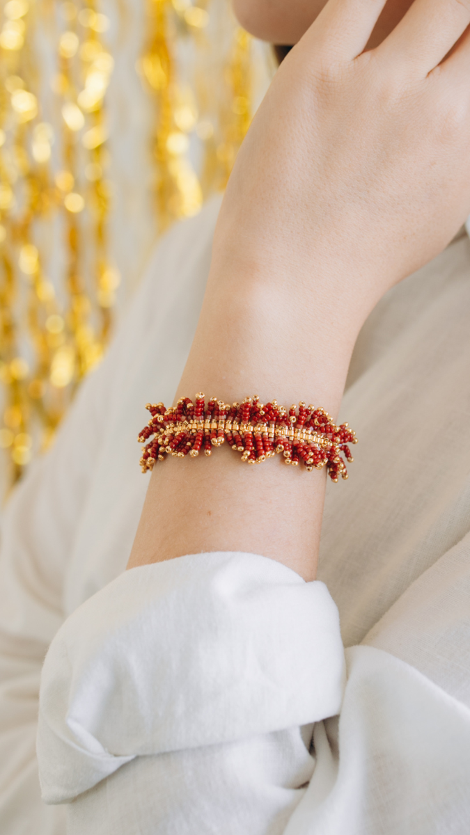 Bracelet Miyuki à franges bordeaux et doré