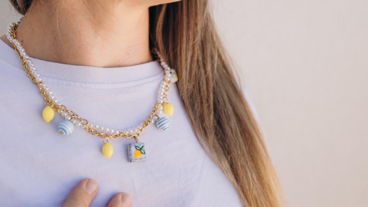 Collier citrons en acier inoxydable, imitations perles nacrées et perles en céramique
