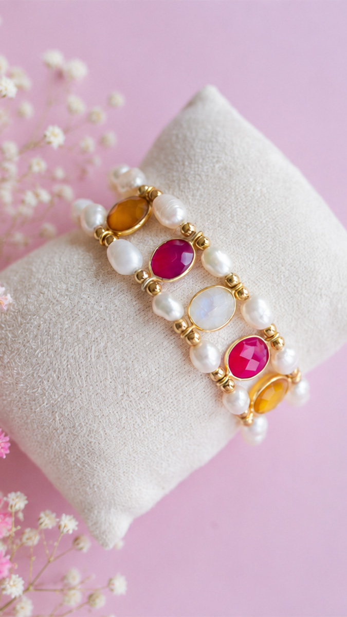 Schéma Bracelet double rang en pierres naturelles et perles d'eau douce